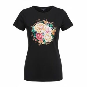 Guess Black Tee with Rose Print